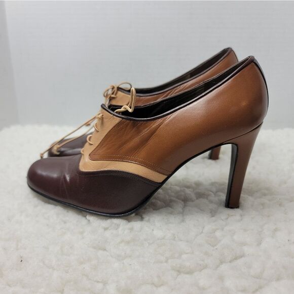 Vtg 90's Stuart Weitzman Women Lace Oxford Heels Plumps Size 8 Brown Tan Leather - Picture 3 of 8